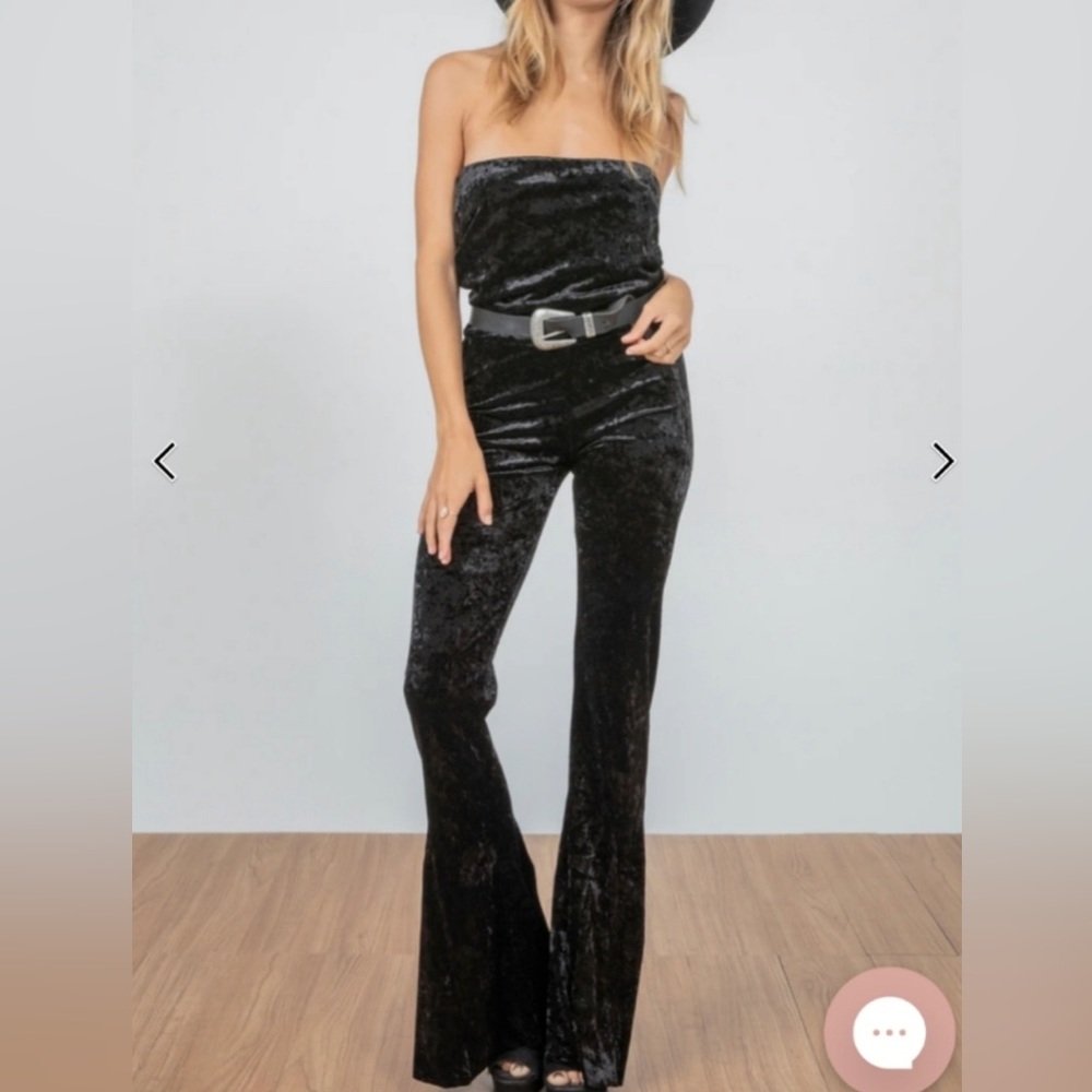 We Are HAH Crushed Velvet Tube Top Flare Leg Jumpsuit  Size L New